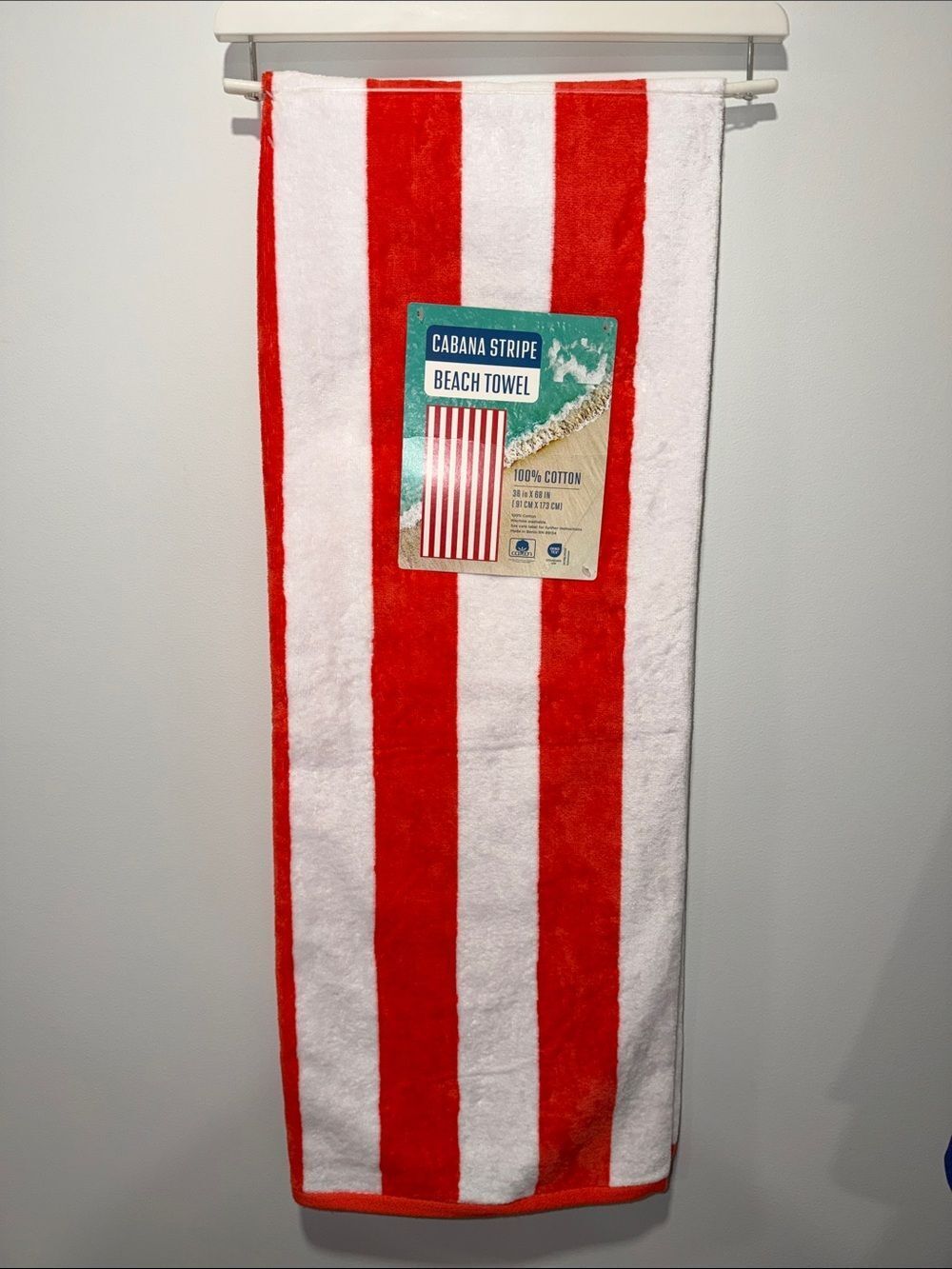 Coral Red White Cabana Stripe Large Cotton Beach Towel